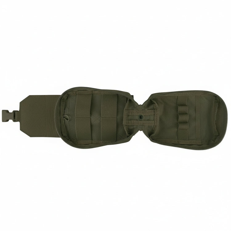 Green tactical aid pouch with elastic straps on a white background