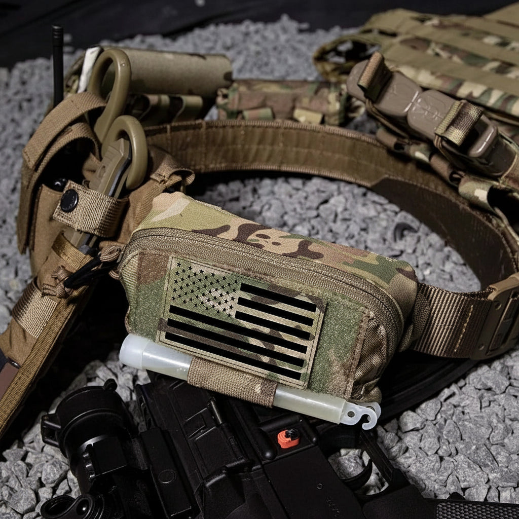 Camouflage tactical belt with pouch and American flag patch on a gravel surface