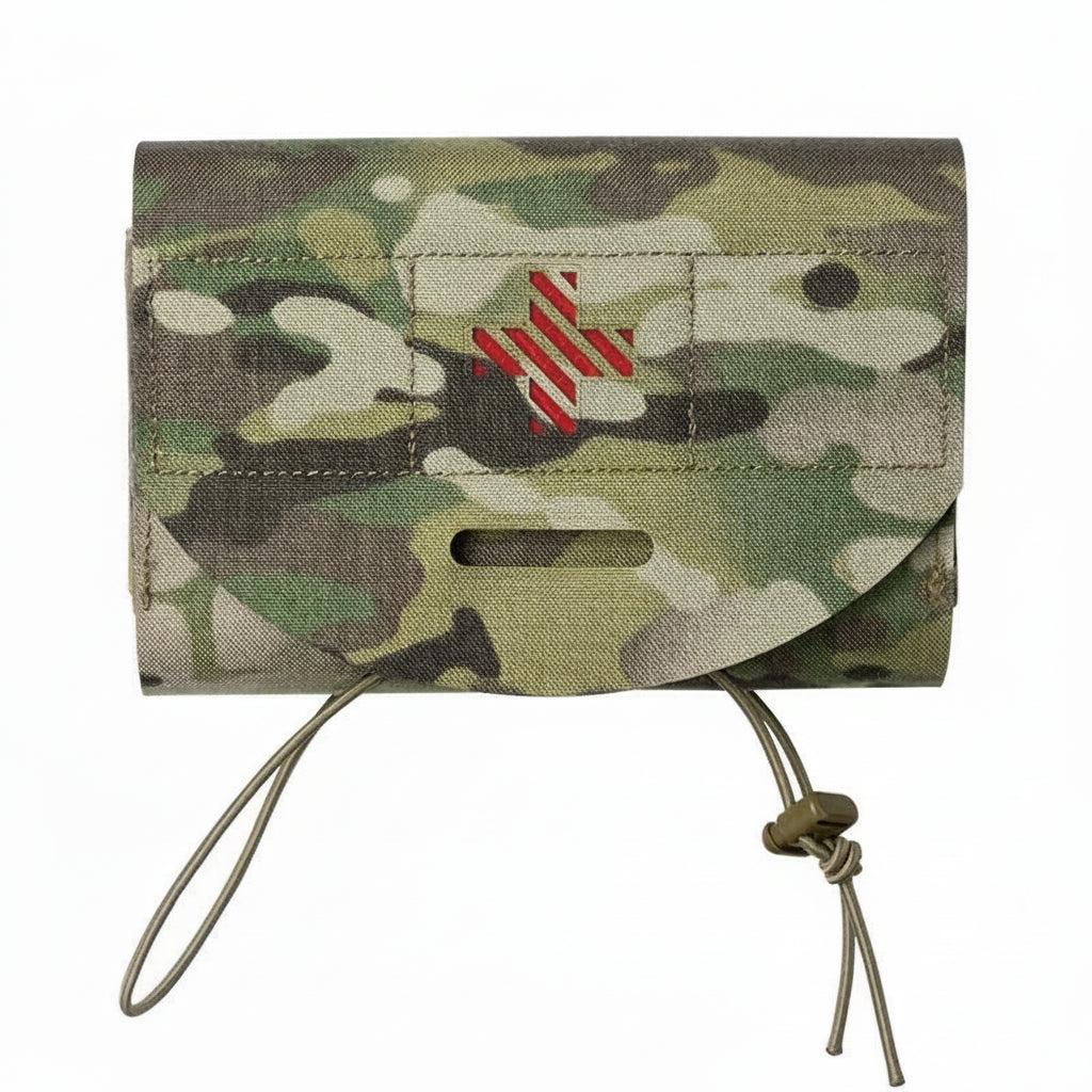 Camouflage wallet with red cross on a white background