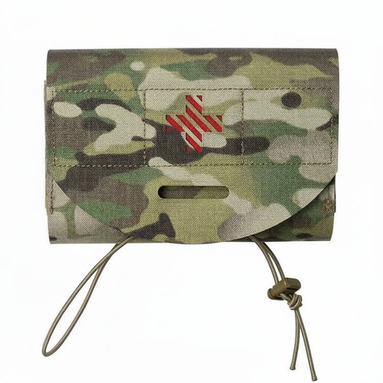 Camouflage wallet with red cross on a white background