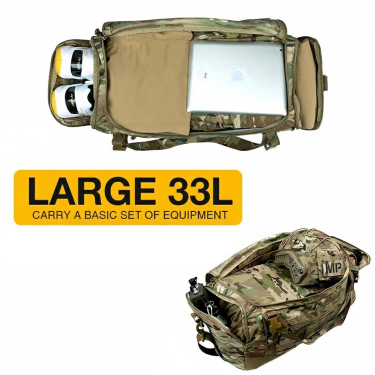 Multicam Camouflage duffle bag with laptop compartment on a white background
