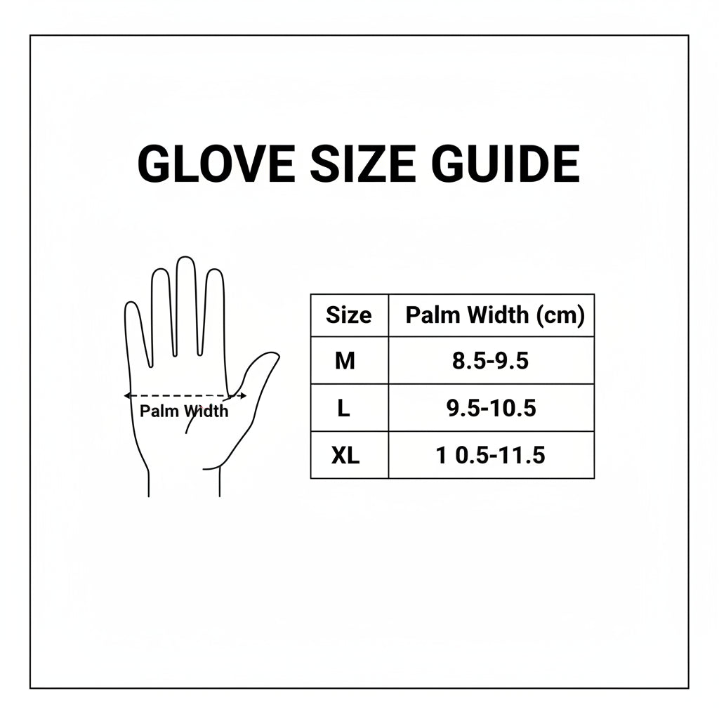 Hand size measurement chart with palm width and recommended sizes on a white background