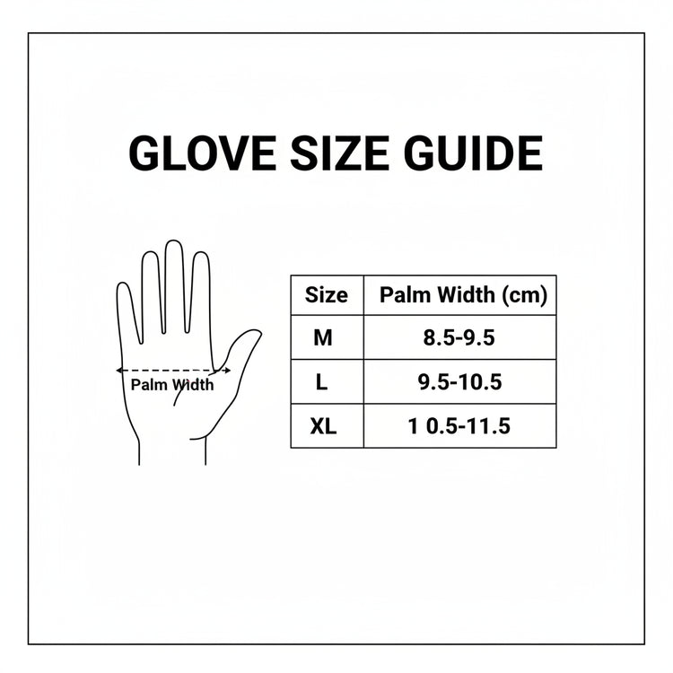 Hand size measurement chart with palm width and recommended sizes on a white background