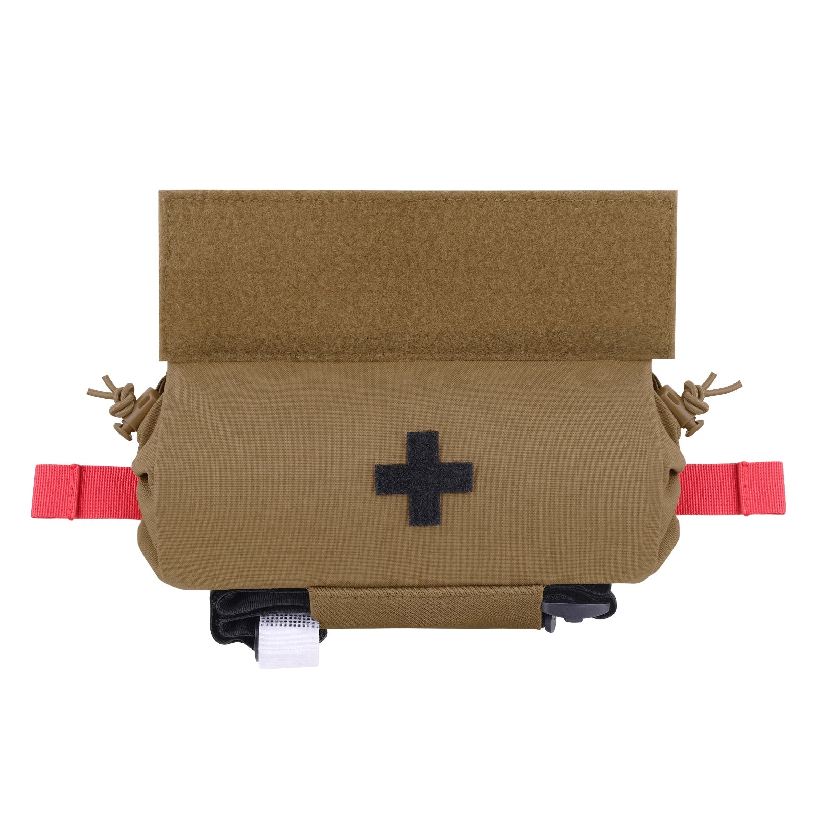 Brown medical first aid IFAK pouch with a cross design on a white background