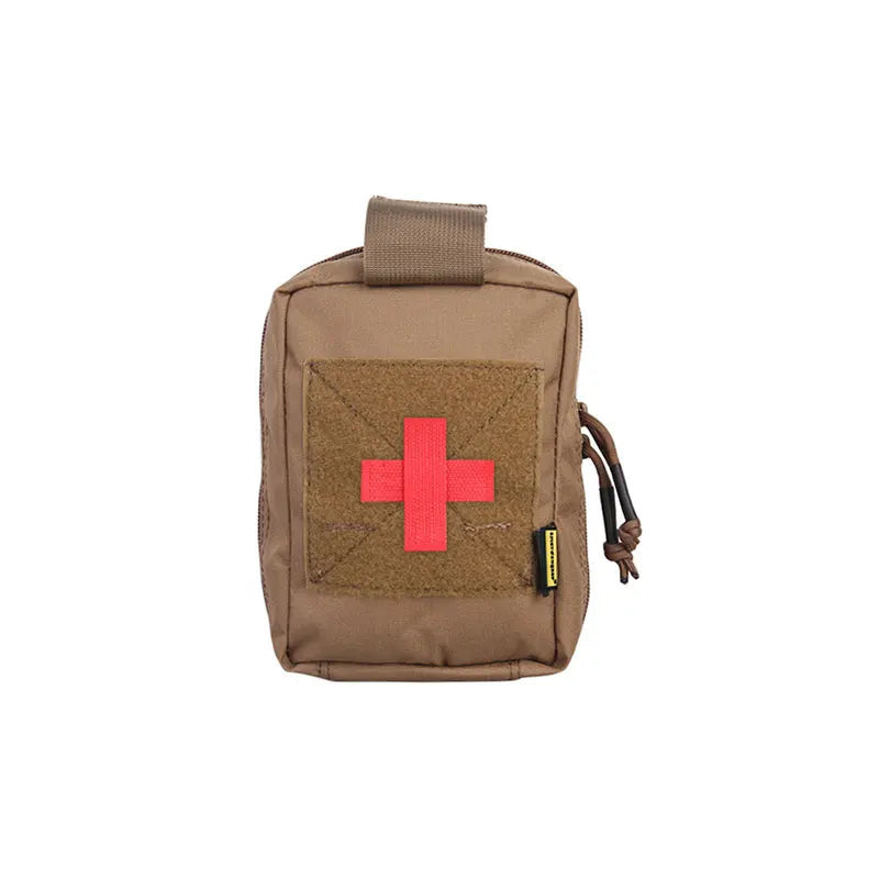 Brown tactical medical pouch with red cross on a white background.
