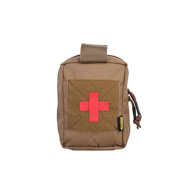 Brown tactical medical pouch with red cross on a white background.