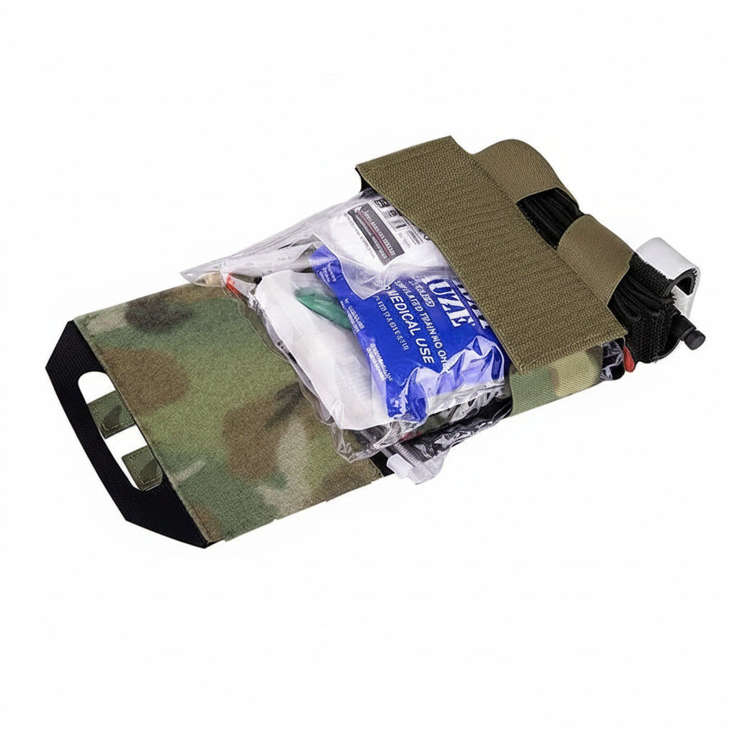 Camouflage first aid kit with medical supplies on a white background