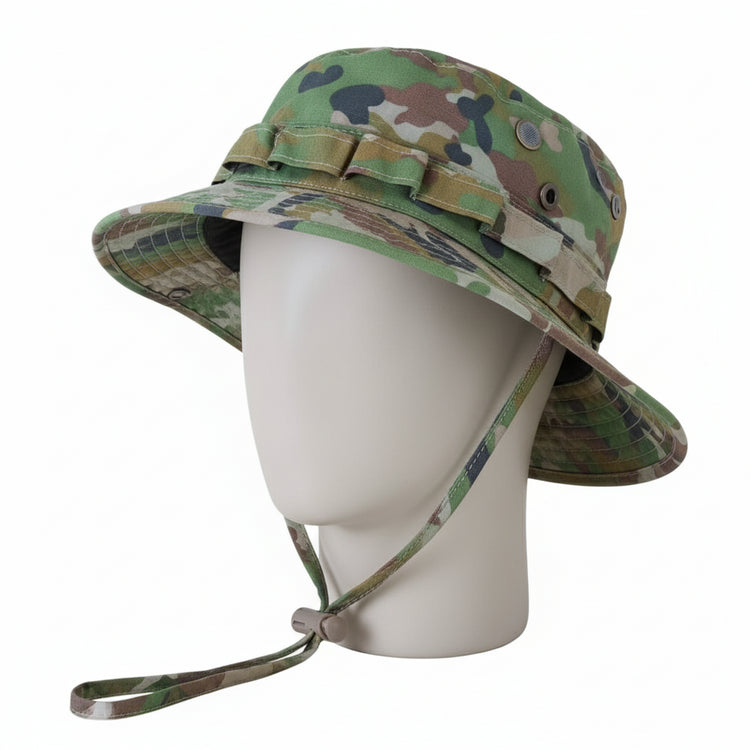 AMCU Australian Multicam Camouflage bucket hat with chin strap on a white mannequin head