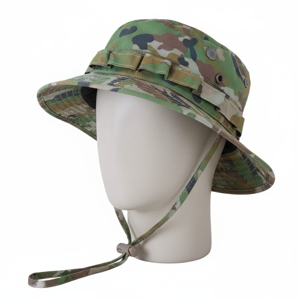 AMCU Australian Multicam Camouflage bucket hat with chin strap on a white mannequin head