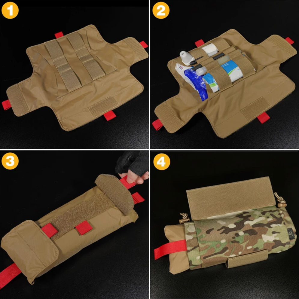 Collage of a Roll Up IFAK Pouch with various features on a black background