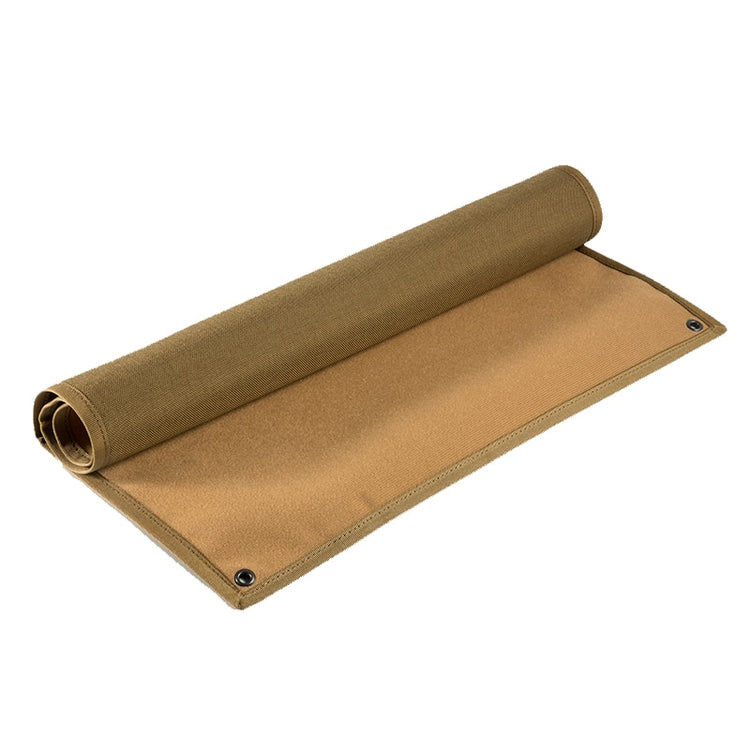 Brown hook and loop patch display board rolled up on a white background