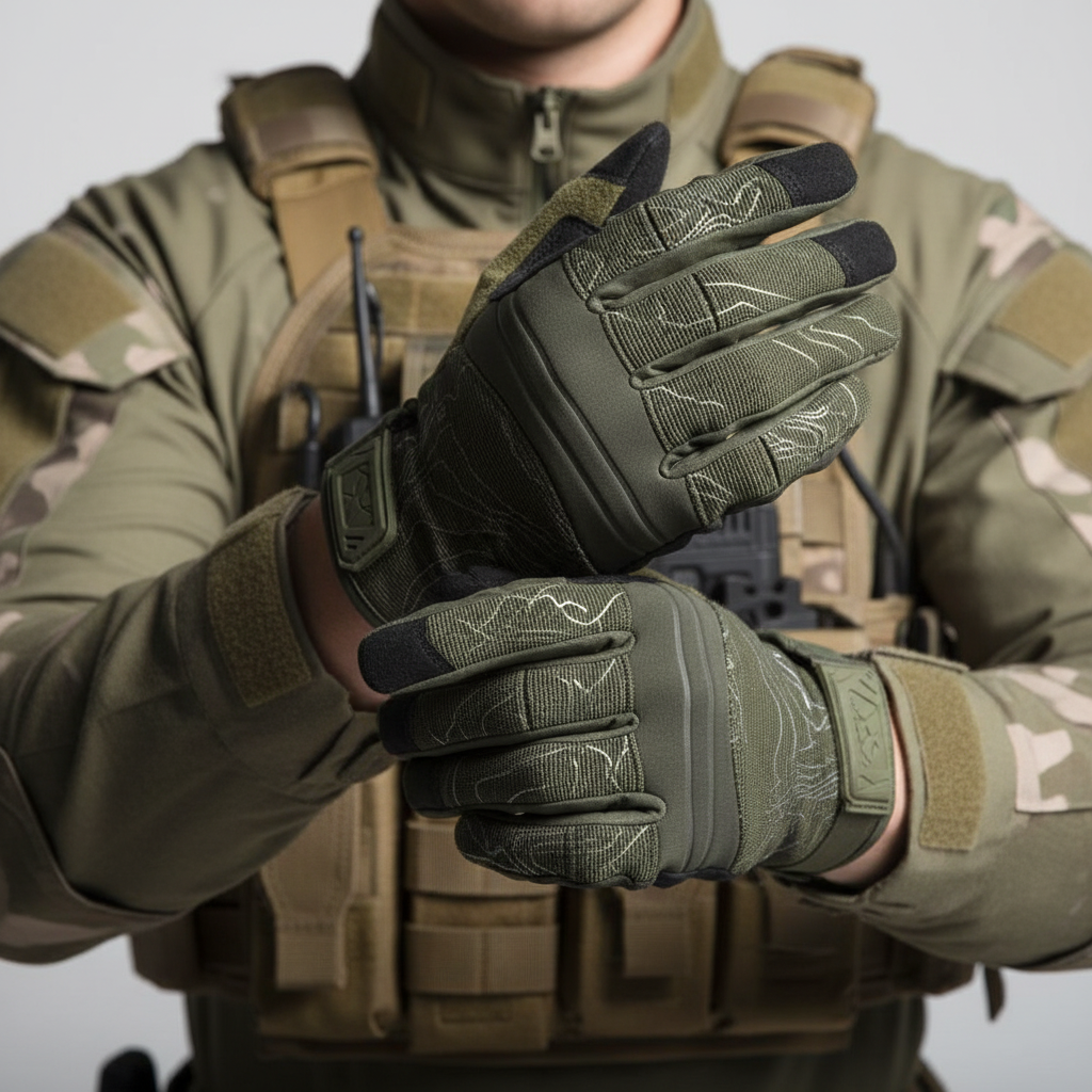Person wearing green tactical gloves and a camouflage uniform on a plain background