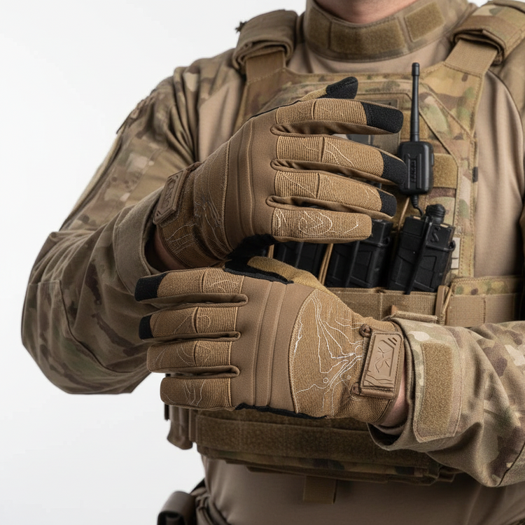 Person wearing tactical gloves and gear on a white background