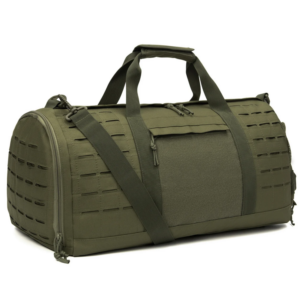 Green tactical duffel bag with multiple straps on a white background