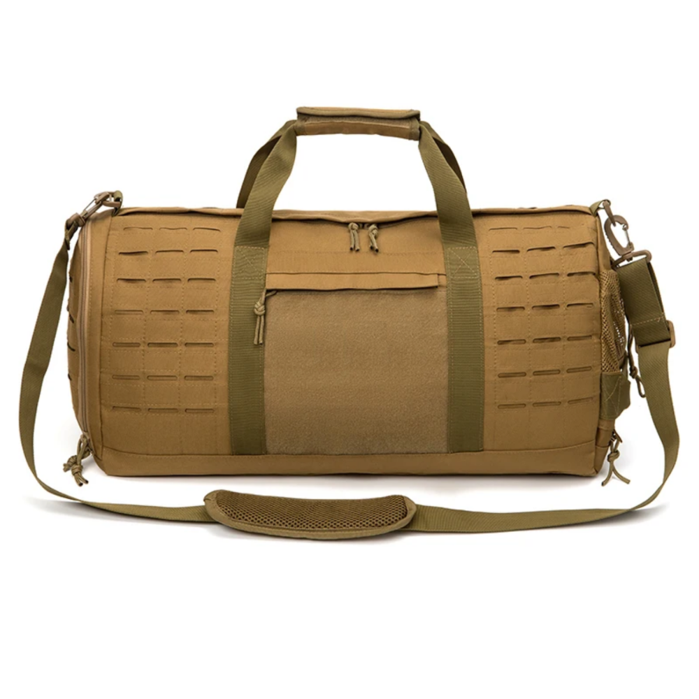 Tan duffel bag with green straps on a white background