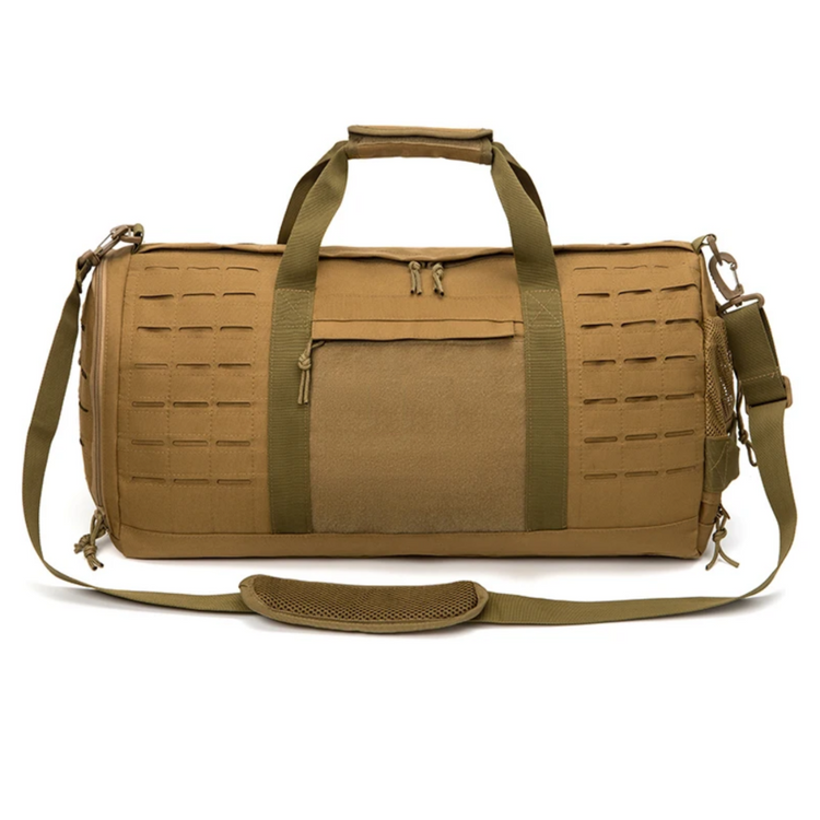 Tan duffel bag with green straps on a white background