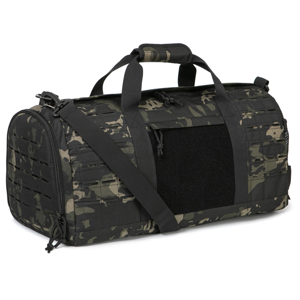 Multicam Black Camouflage duffel bag with black straps on a white background