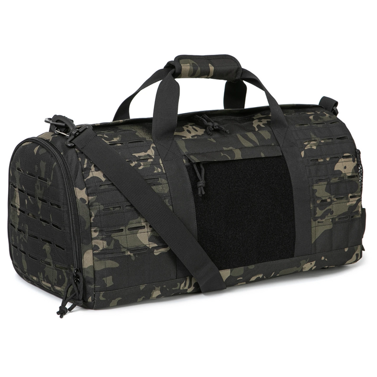 Multicam Black Camouflage duffel bag with black straps on a white background