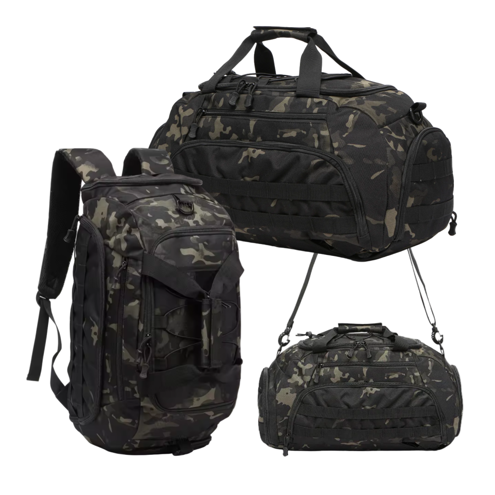 Multicam black Camouflage backpack and duffel bags on a white background