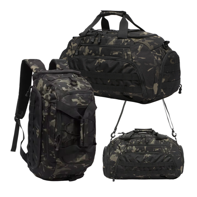 Multicam black Camouflage backpack and duffel bags on a white background