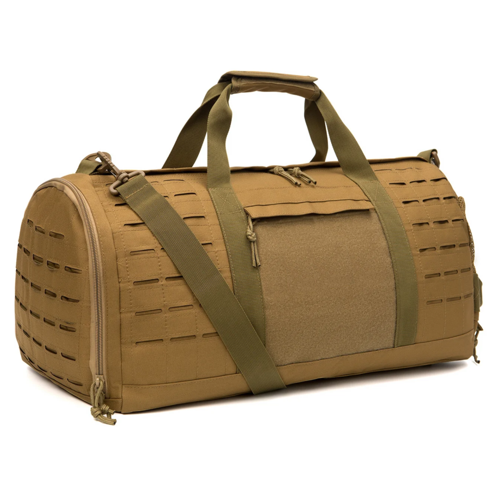 Tan duffel bag with green straps on a white background