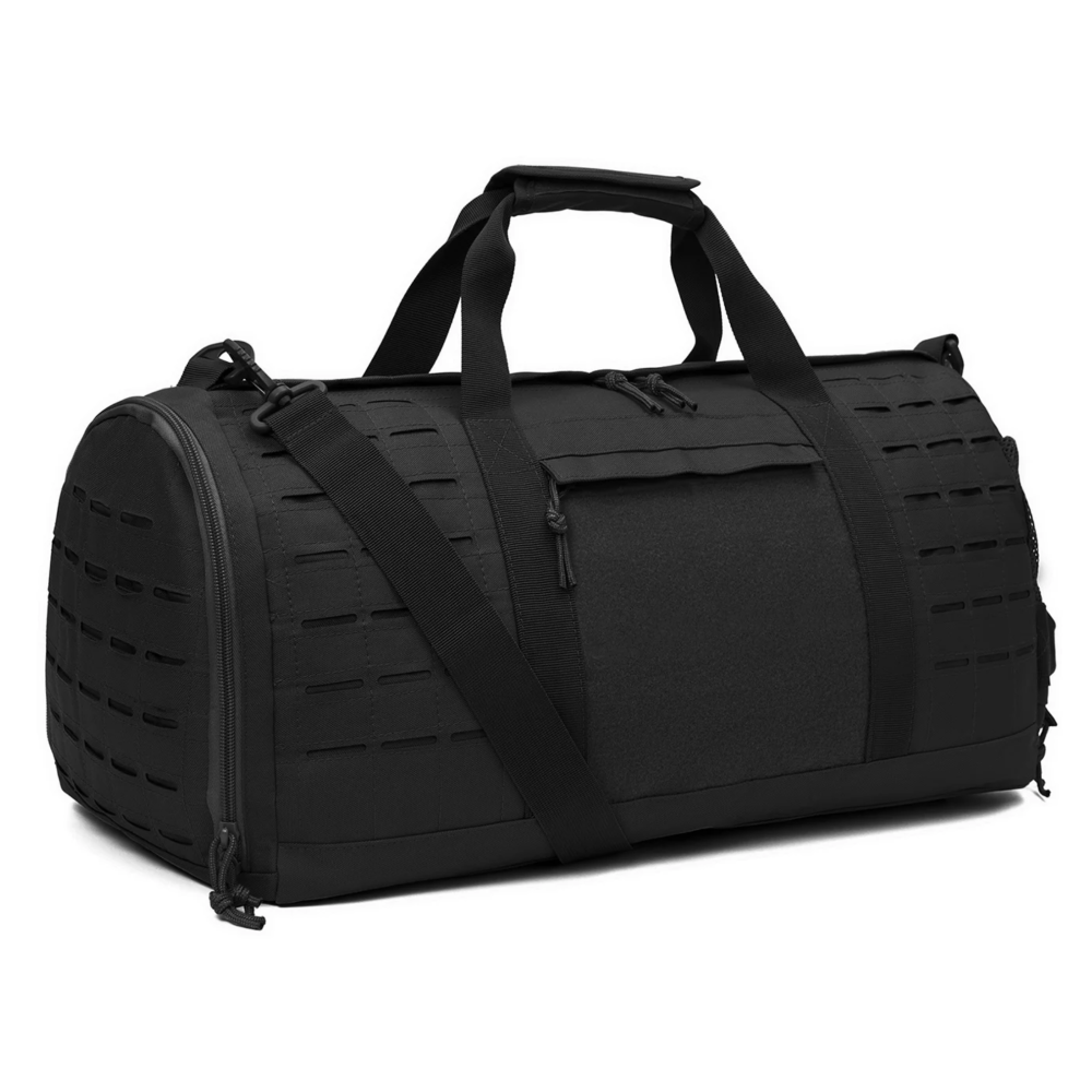 Black tactical duffel bag on a white background