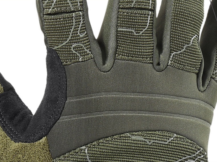 Close-up of a tactical glove with pattern details and knuckle protection on a white background