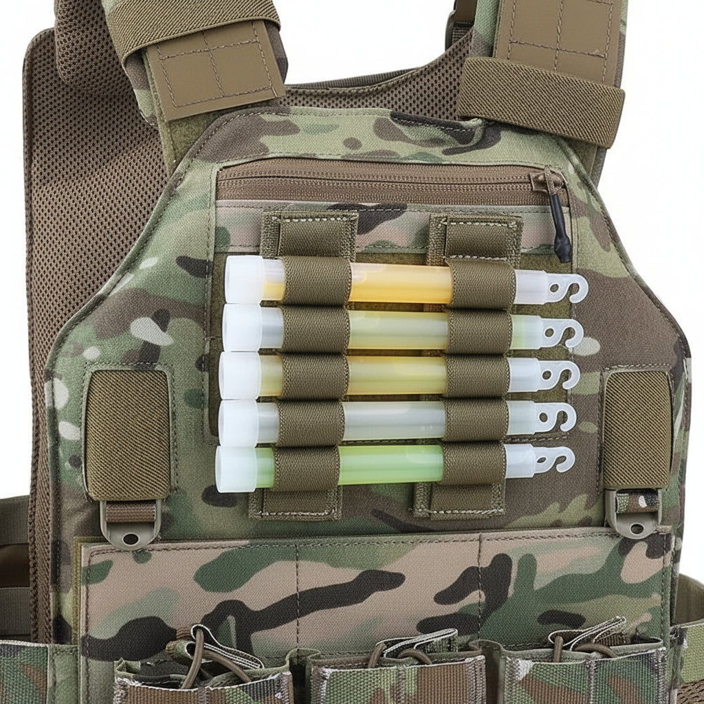 A storage/holder panel attached to a tactical vest, featuring multiple elastic pockets holding various items like Chem lights and pens.