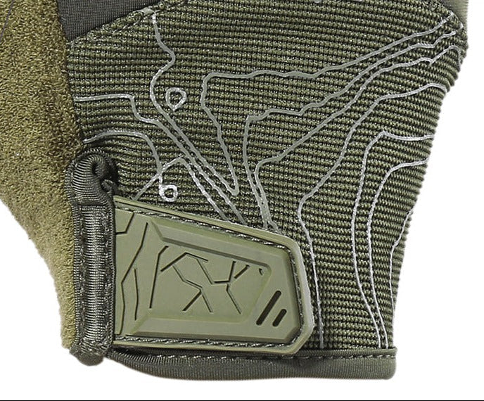 Close-up of a tactical glove velcro strap on a white background