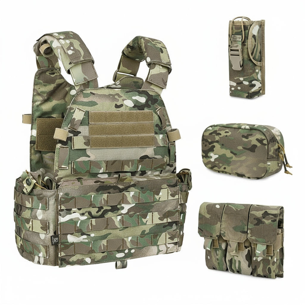 Camouflage tactical vest with multiple pouches on a white background