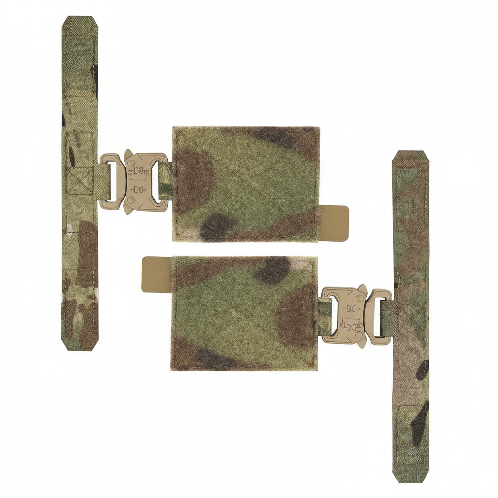 A set of two quick-release metal buckle adapters with a camouflage pattern