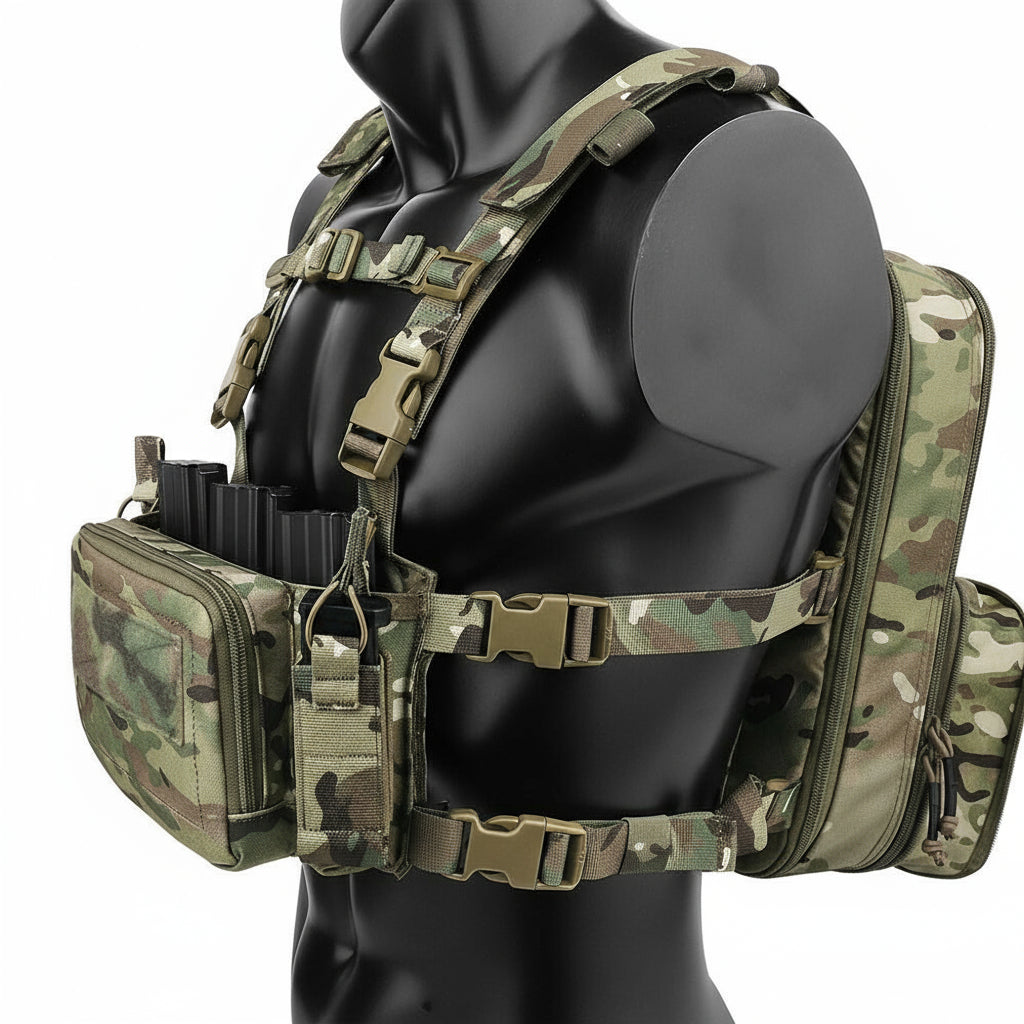 Camouflage tactical vest on a mannequin with a white background